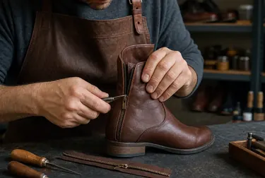 Sapateiro consertando o zíper de uma bota em Castanhal.
