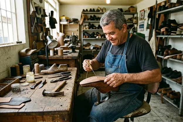 Sapateiro reformando um sapato em Castanhal.