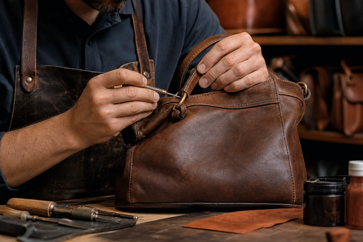 Sapateiro reformando uma bolsa de couro em Castanhal.